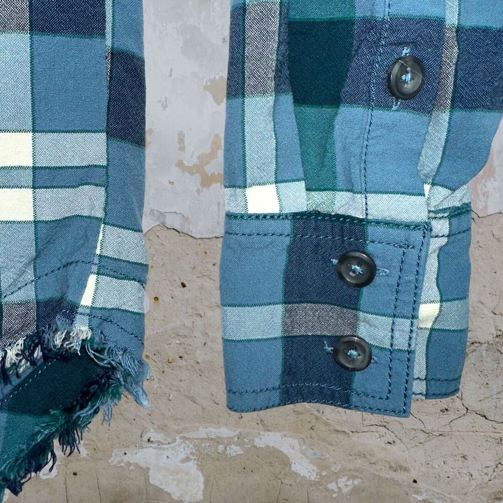 FREE PEOPLE Small Loveland Plaid Button Down Shirt Winter Sea Oversized Fray Hem - Picture 7 of 14